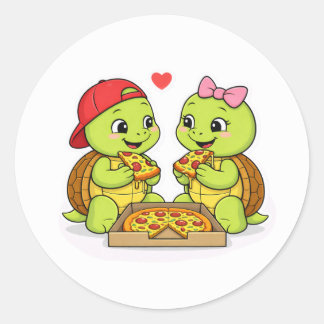 Turtles sharing pizza and smiles classic round sticker