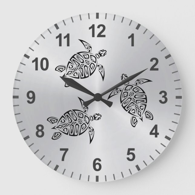 Turtles Tribal Tattoo Black Animal Large Clock (Front)