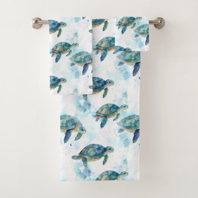 Turtles Watercolor Pattern Bath Towel Set (Insitu)