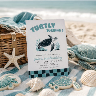 Turtly Turning 3 Turtle Blue Check 3rd Birthday Invitation
