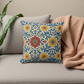 Tuscan Blue and White Floral Botanical Summer Boho Cushion