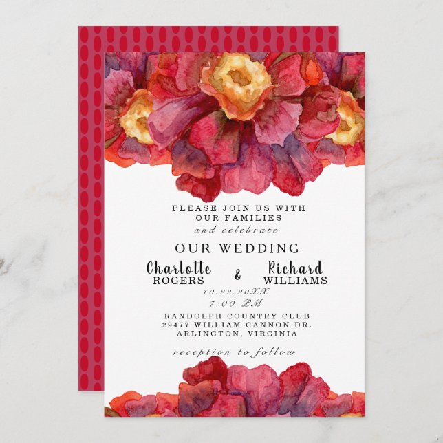 Tuscan  Bold and Vibrant Red Floral Wedding Invitation (Front/Back)
