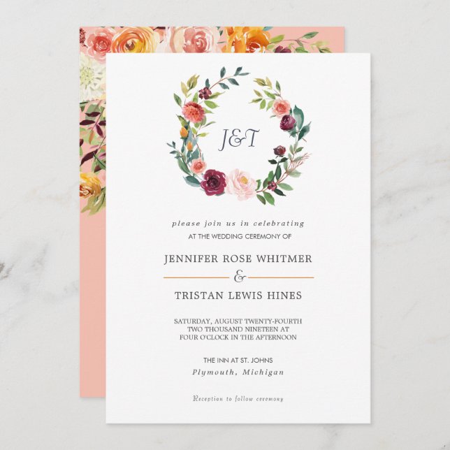 Tuscan Botanical Floral Wreath Wedding Invitation (Front/Back)
