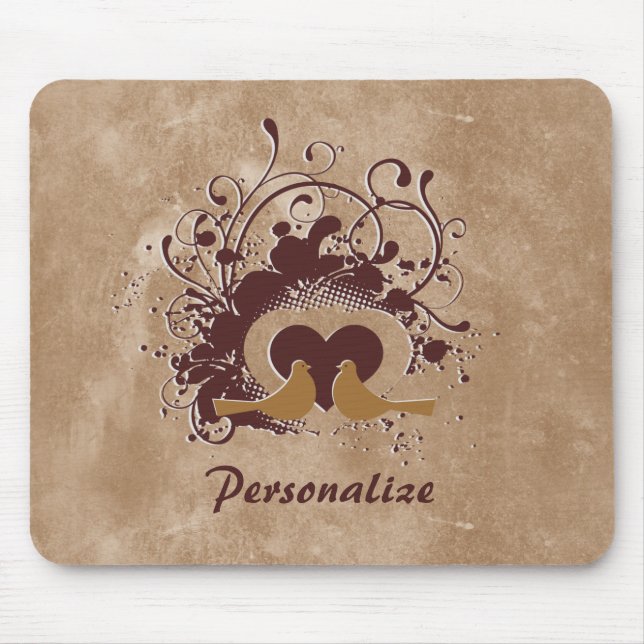 Tuscan Brown Love Birds With Name Mouse Pad (Front)