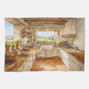 Tuscan Countryside Kitchen with Sunlit Farmhouse S Tea Towel