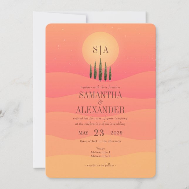 Tuscan Countryside Sunset Cypress Trees Wedding Invitation (Front)