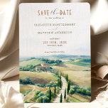 Tuscan Elegance Save the Date Italian Countryside Invitation<br><div class="desc">This 'Save the Date' card offers a picturesque glimpse into your upcoming wedding in the rolling hills of Tuscany, Italy. The front features a delicate watercolor landscape that captures the essence of the Tuscan countryside, with its historic villas, undulating fields, and signature cypress trees lining a winding path. Rendered in...</div>