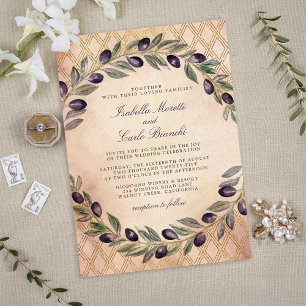 Tuscan Gold Lattice and Olive Branches Wedding Invitation