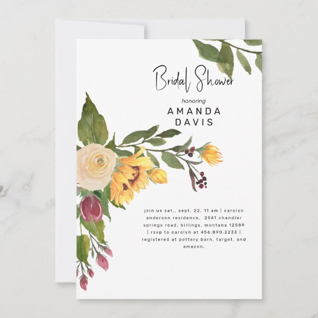 Tuscan Gold Sunflower Floral Bridal Shower Invitation (Front)