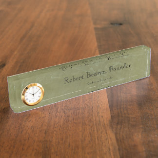 Tuscan Green Plaster Desk Nameplate With Clock