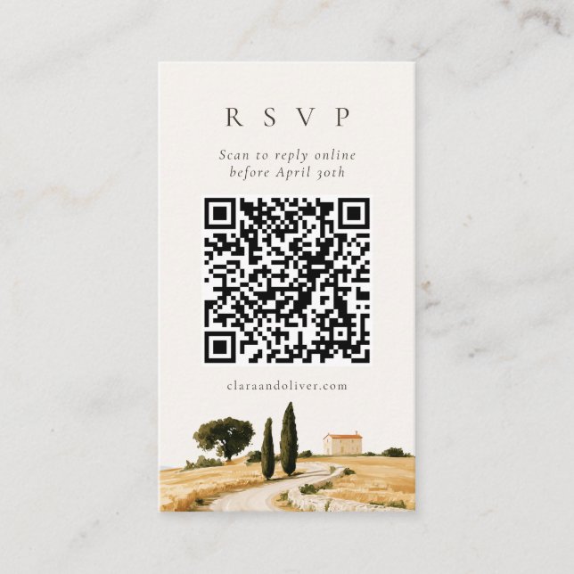 Tuscan Italy Cypress Wheat Lane QR Code RSVP Card  (Front)