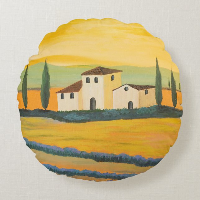 Tuscan landscape, private painter, acrylic paintin round cushion (Front)
