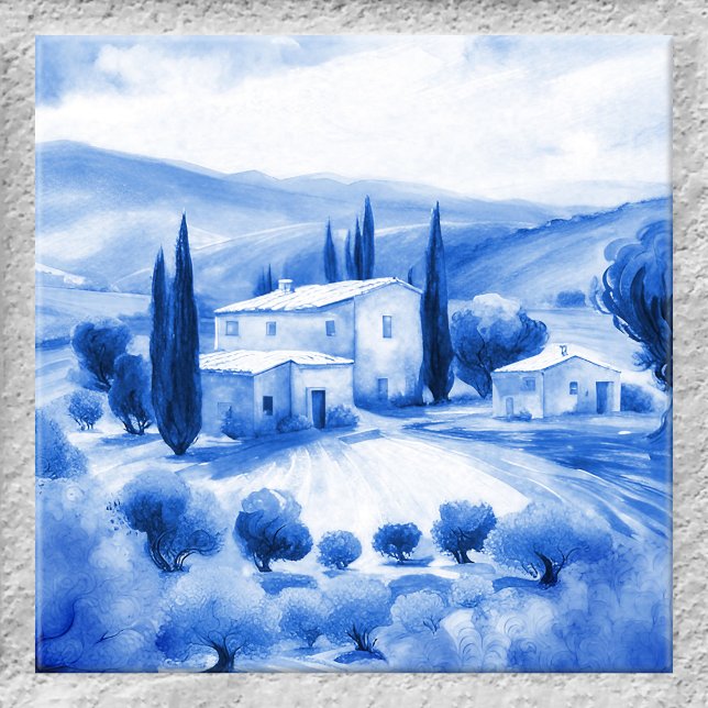 Tuscan Landscape Watercolor Delft Blue Style Tile (Tile featuring a watercolor painting of a Tuscan landscape scene in a Delft Blue style)