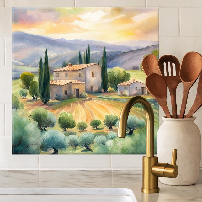 Tuscan Landscape Watercolor Painted Tile (Tile featuring a watercolor painting of a Tuscan landscape scene)