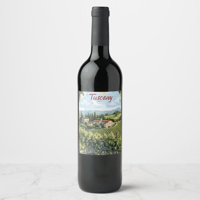 Tuscan Landscape with Vineyards and a Bicycle Wine Label (Front)