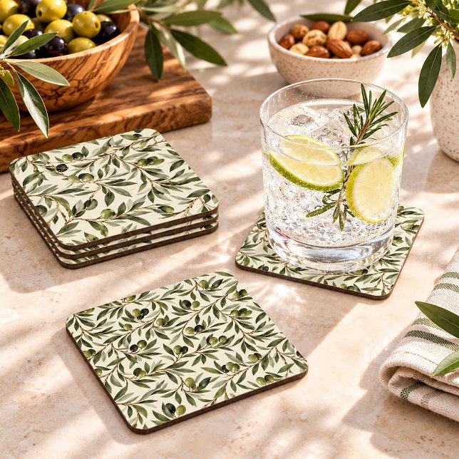 Tuscan Mediterranean Olive Grove Pattern Square Paper Coaster (Creator Uploaded)