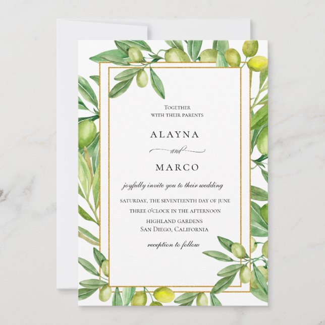 Tuscan Olive Gold Frame Wedding Invitation (Front)
