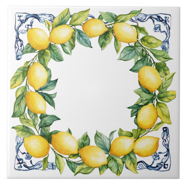 Tuscan Rustic Mediterranean Yellow Lemon Wreath Tile (Front)