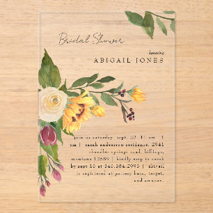 Tuscan Sunflower Floral Bridal Shower Acrylic Invitations