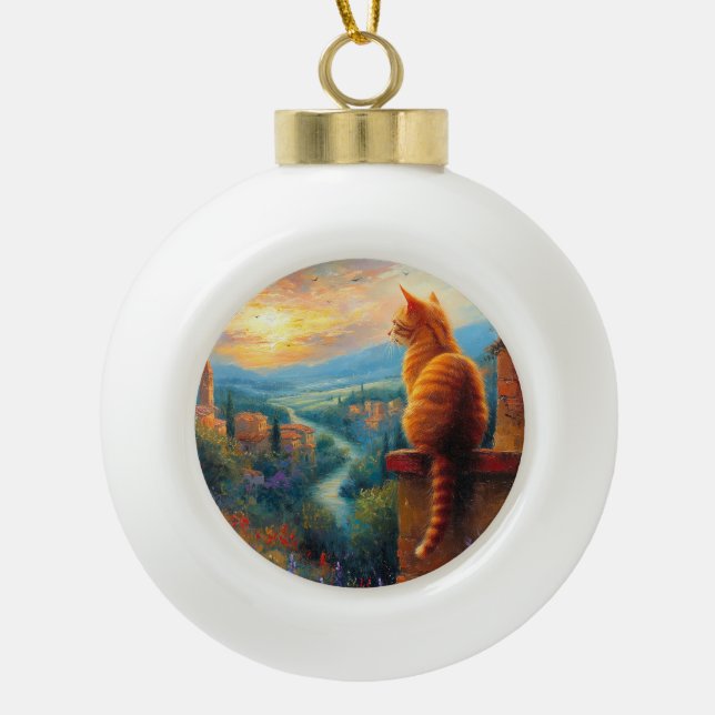 Tuscan Sunset with a Ginger Cat Ceramic Ball Christmas Ornament (Front)