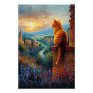 Tuscan Sunset with a Ginger Cat Poster