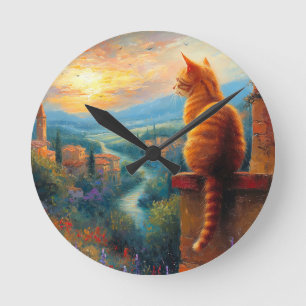 Tuscan Sunset with a Ginger Cat Round Clock