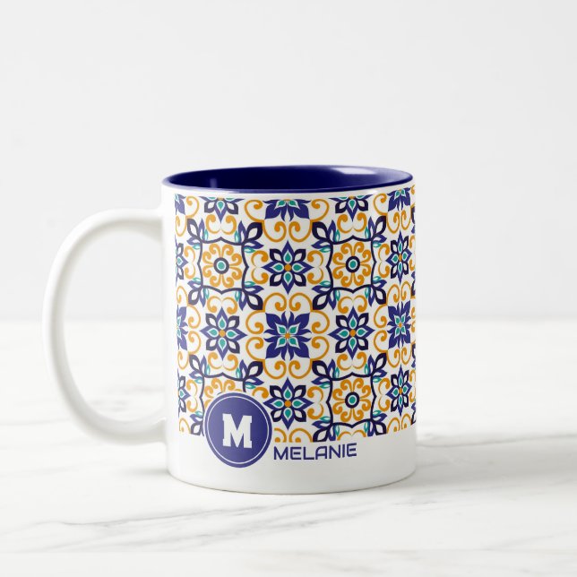 Tuscan Verve Vibrant Scrollwork  Mediterranean  Two-Tone Coffee Mug (Left)