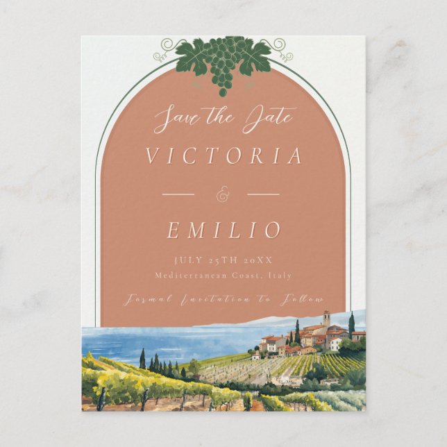 Tuscan Vineyard Terracotta Save the Date Card (Front)