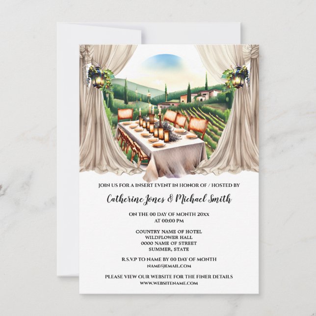 Tuscan vineyard wine farm dining wedding invitation (Front)
