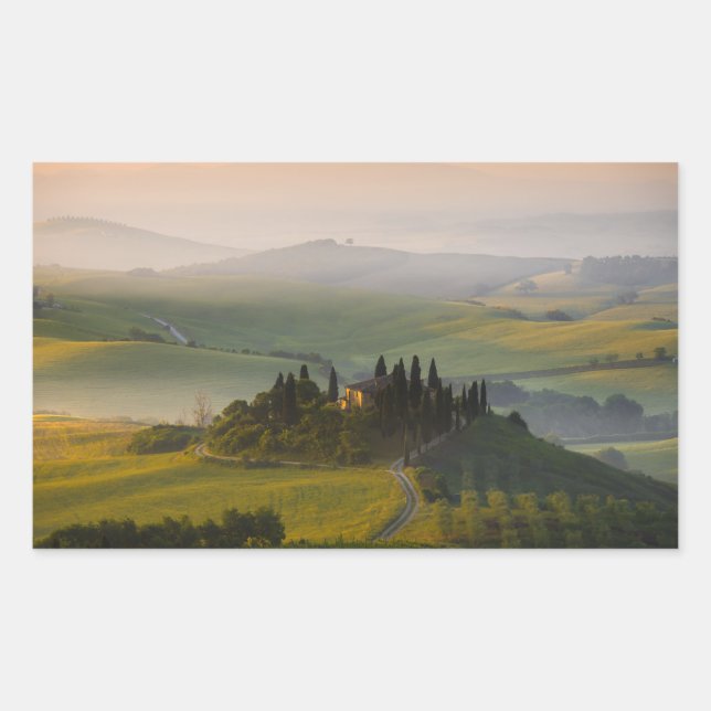 Tuscany hill landscape at sunrise rectangular sticker (Front)