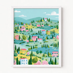 Tuscany in Teal with Pink Houses Illustration Poster