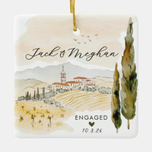 Tuscany Italy Engaged Cypress Trees Watercolor Ceramic Ornament