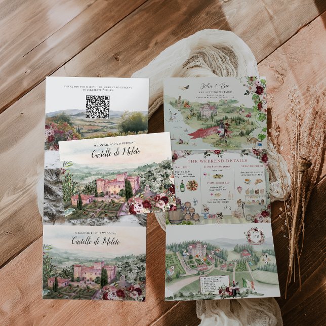 Tuscany Italy | Illustrated Wedding  Tri-Fold Invitation (Creator Uploaded)