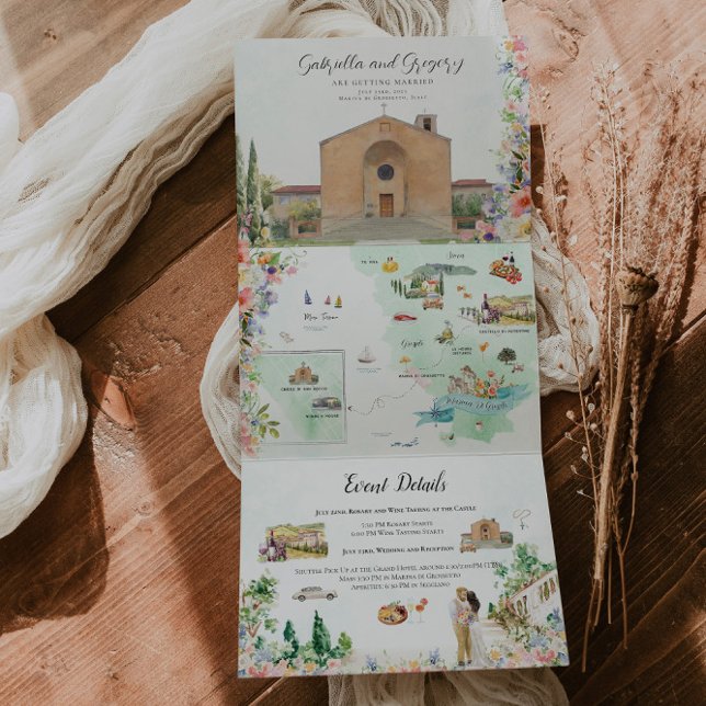 Tuscany Italy | Illustrated Wedding Tri-Fold Invitation (Creator Uploaded)