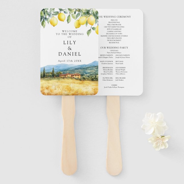 Tuscany Italy Lemons Watercolor Wedding Program Hand Fan (Front and Back)
