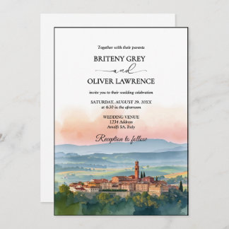 TUSCANY Italy Watercolor Skyline Photo Wedding Invitation