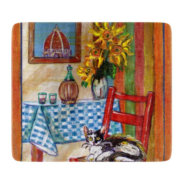 TUSCANY KITCHEN CAT,SUNFLOWERS WINE GLASSES CUTTING BOARD (Front)