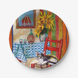 TUSCANY KITCHEN CAT,SUNFLOWERS WINE GLASSES PAPER PLATE