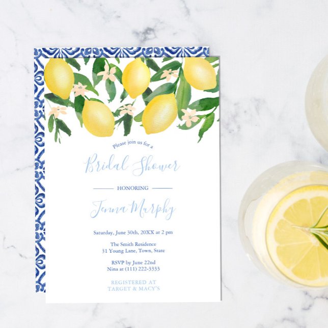 Tuscany Lemons Antique Pattern Blue Bridal Shower Invitation (W)
