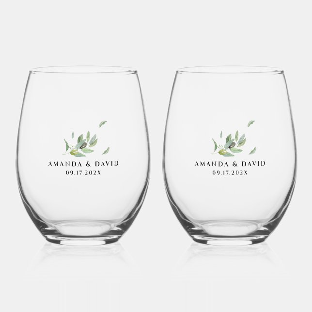  Tuscany Olive Leaves Branch-Thank You Stemless Wine Glass (Front)