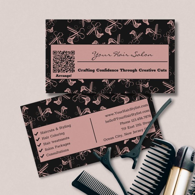 Tuscany Pink & Black QR Code Hair Salon Business Card (Tuscany Pink & Black QR Code Hair Salon Business Card)