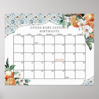 Tuscany Tile Citrus Baby Shower Guess the Due Date Poster