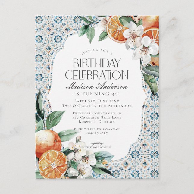 Tuscany Tile Coastal Italian Birthday Invitation Postcard (Front)
