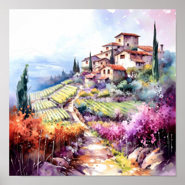 Tuscany Winery Watercolor Art Poster (Front)