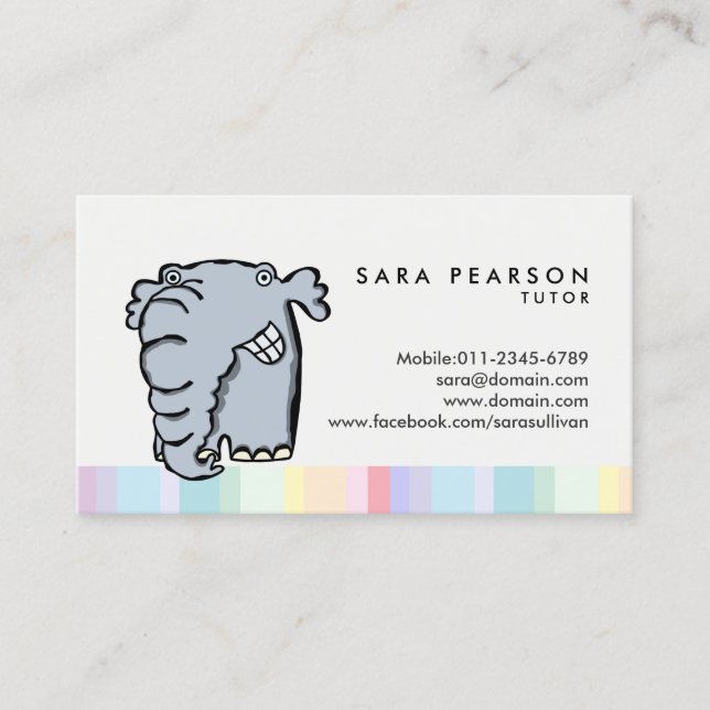 Tutor Cute Grinning Elephant Business Card (Front)
