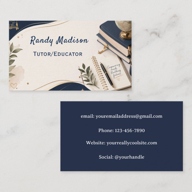Tutor/Educator Navy Blue & White Business Card (Front/Back)