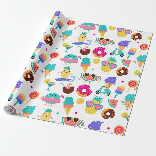 Tutti Fruitti Summer Fruit Ice Cream Treats Party Wrapping Paper (Unrolled)