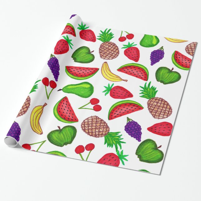 Tutti Fruity Hand Drawn Summer Mixed Fruit Wrapping Paper (Unrolled)
