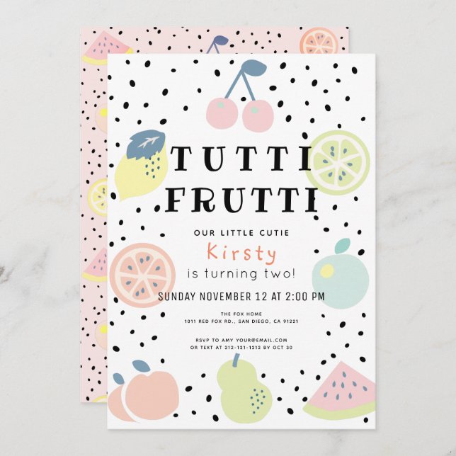 Tutti Frutti Pastel Fruit 2nd Birthday Invitation (Front/Back)