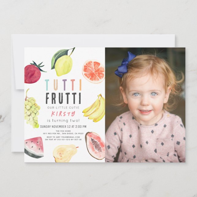 Tutti Frutti Watercolor Fruit 2nd Birthday Photo Invitation (Front)